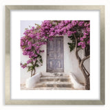 Textured abstract art print of a Greek door, featuring muted earth tones on a framed silver mat, ideal for bedroom ambiance.