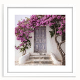 Abstract art print of a Greek door architecture in muted earth tones on a framed canvas, suitable for dining room decor.