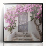 Large abstract wall art depicting a minimalist Greek door design in black and white tones on a framed acrylic.