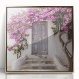 Framed acrylic print of a Greek architecture door in gold tones, ideal for modern art wall decor.