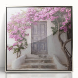 Mid-century modernist art of a Greek door architecture in silver framed acrylic, ideal for nursery wall art.