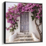 Black and white framed canvas of a Greek door design, ideal for bedroom wall art in a vintage poster style.