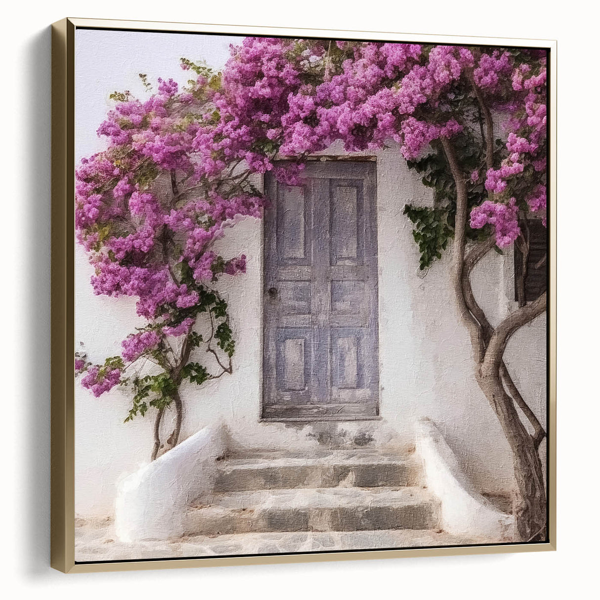 Framed canvas featuring a vintage poster of a Greek architecture door in silver and gold tones, ideal for bedroom wall art.