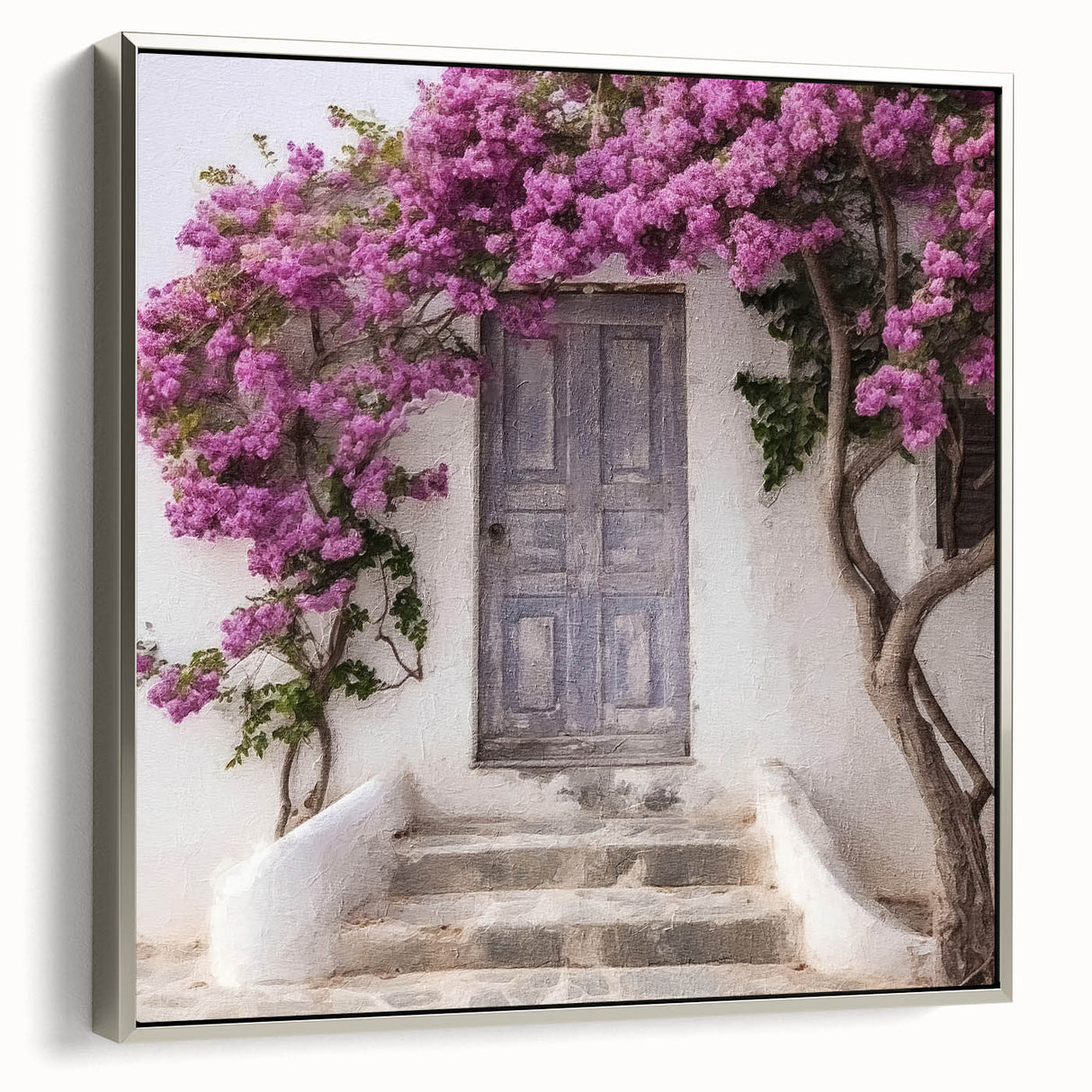 Framed canvas featuring a vintage poster of a Greek door in black with colorful accents, ideal for living room decor.