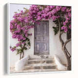 Vintage poster art of a Greek door architecture in black and colorful tones on a framed canvas, suited for living room decor.