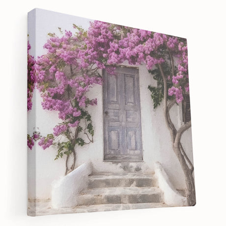 Side view of a large stretched canvas featuring a Greek door architecture design in earth tones.