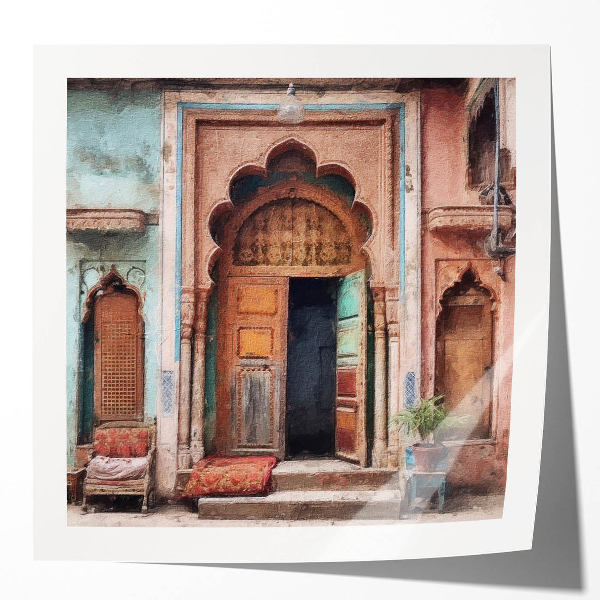 Extra large wall art featuring a detailed Indian door design in earth tones, printed on glossy photo paper.