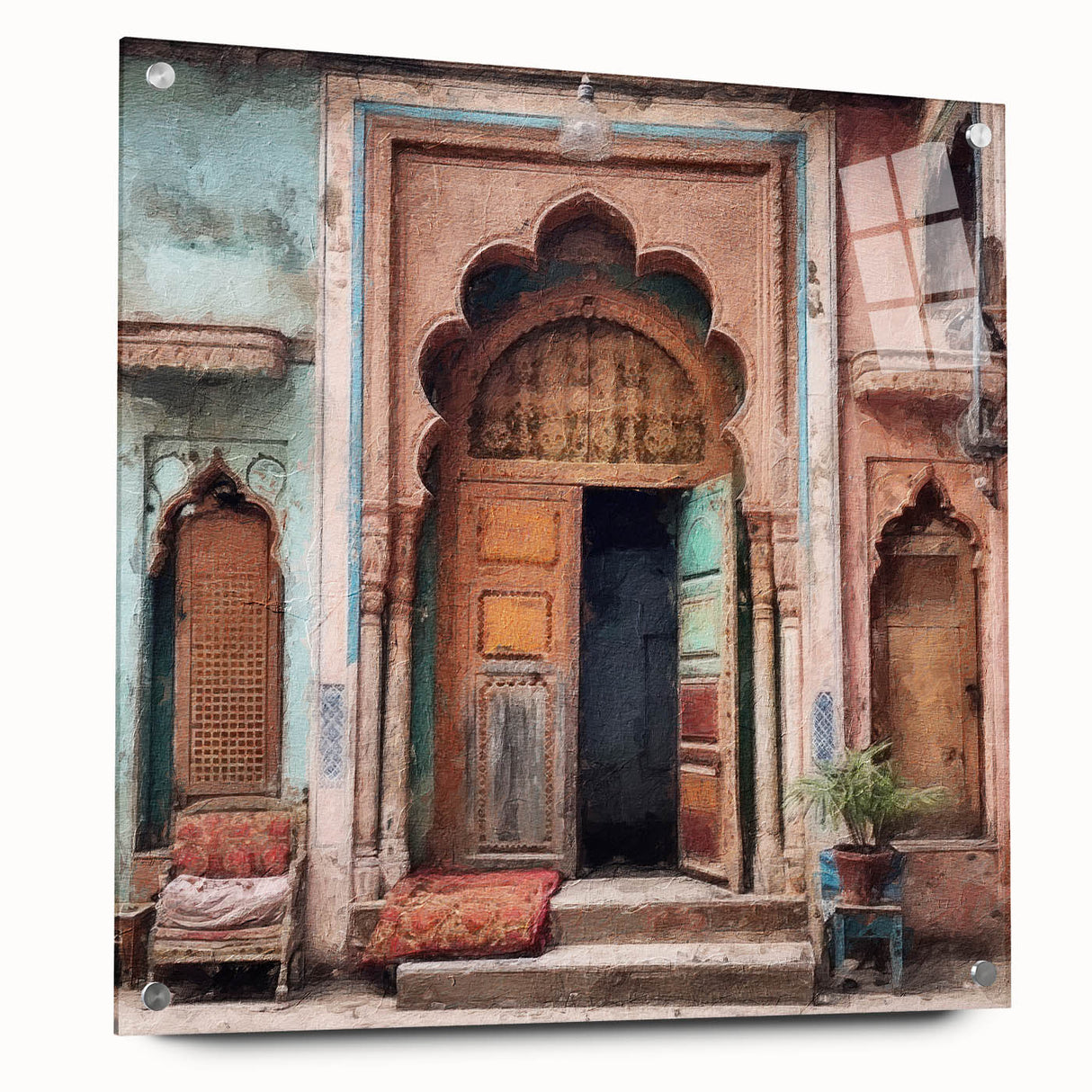 Large abstract wall art depicting an Indian architecture door in vibrant earth tones on acrylic glass.