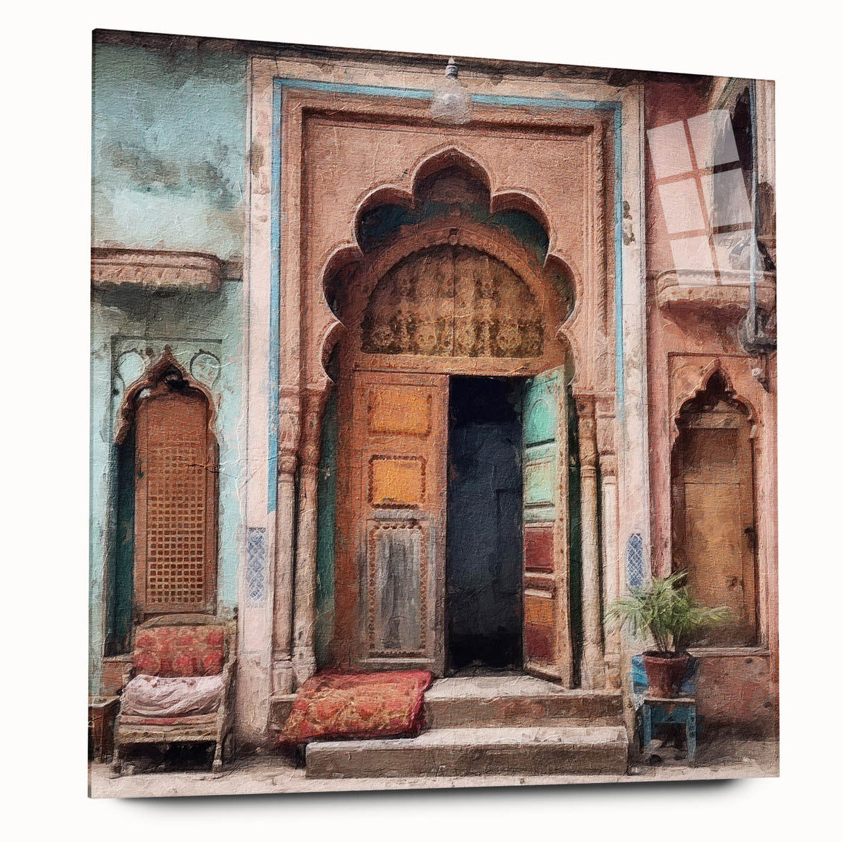 Acrylic print of a large abstract depiction of an Indian architecture door in earth tones.