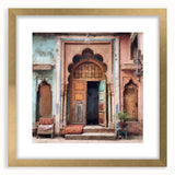 Extra large wall art featuring a textured abstract print of an Indian door in gold and brown tones, mounted in a frame.