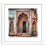 Abstract art print of an Indian architecture door in muted earth tones, framed with a white mat, ideal for dining room decor.