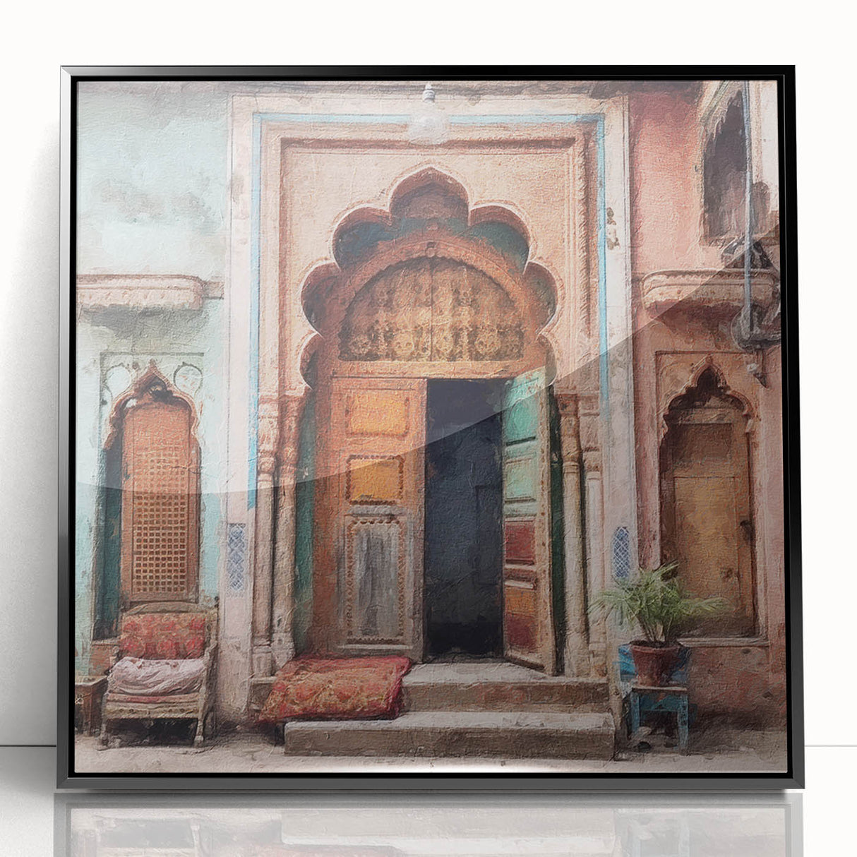 Large abstract wall art featuring a mid-century modernist style Indian door design in black acrylic.