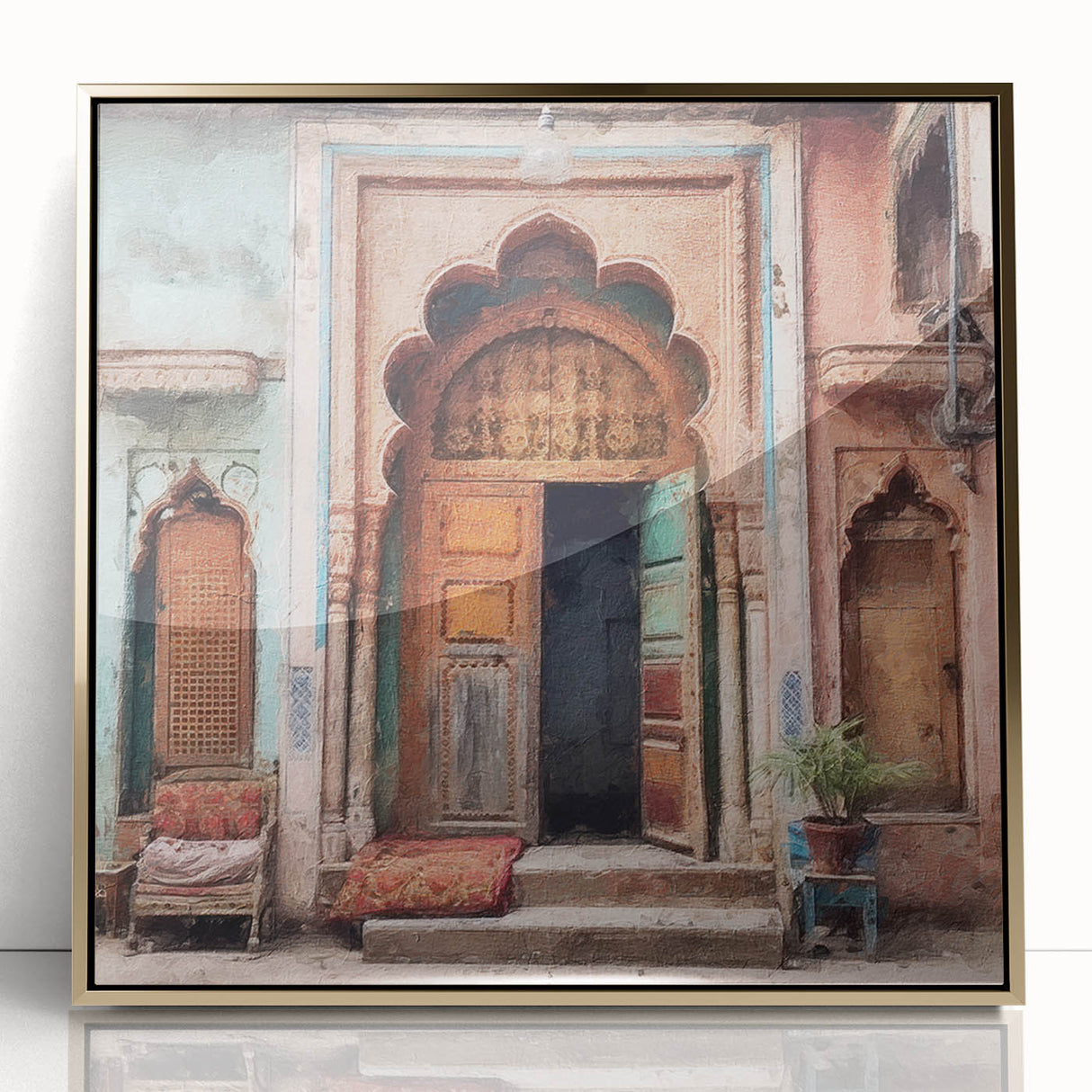 Large art print of an Indian architecture door in gold tones on framed acrylic, suitable for modern art wall decor.