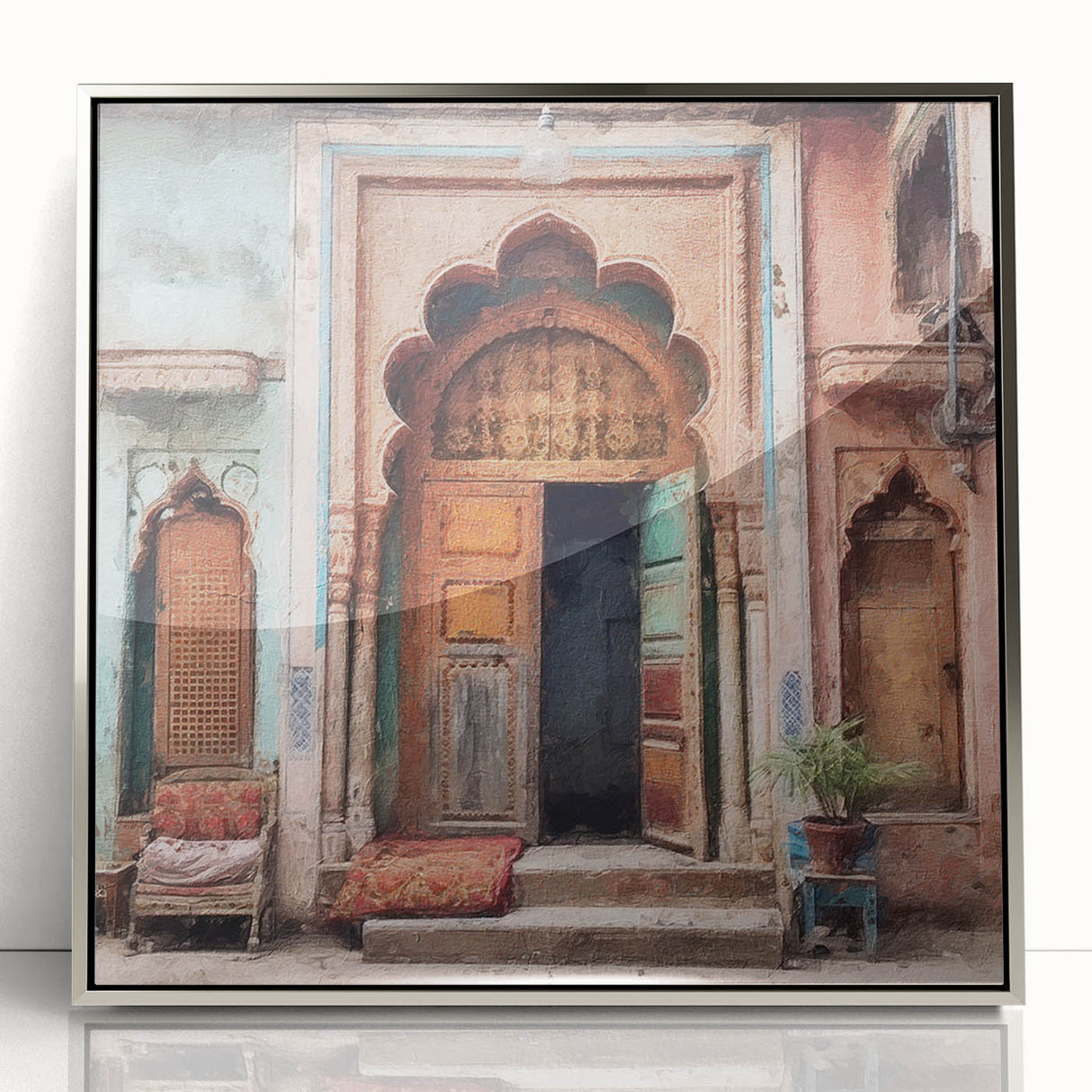 Mid-century modernist style art featuring a detailed Indian architecture door in silver tones, framed acrylic.