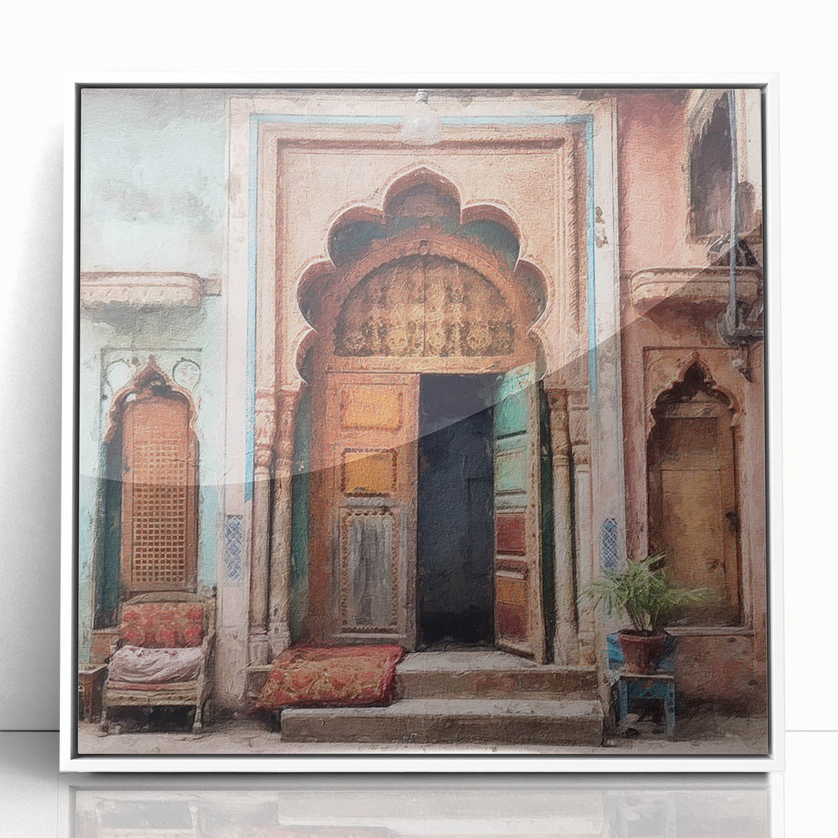 Art Deco poster of an Indian architecture door in muted earth tones, framed acrylic, suitable for modern art wall decor.