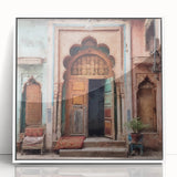 Art Deco poster of an Indian architecture door in muted earth tones, framed acrylic, suitable for modern art wall decor.