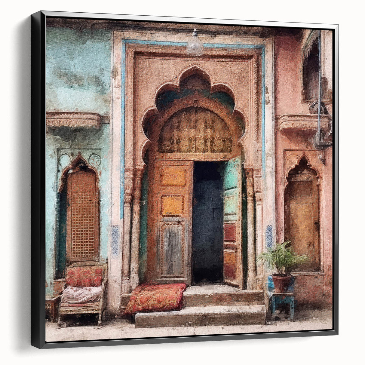 Black and white vintage poster art featuring an Indian door, printed on framed canvas, suitable for bedroom wall decor.