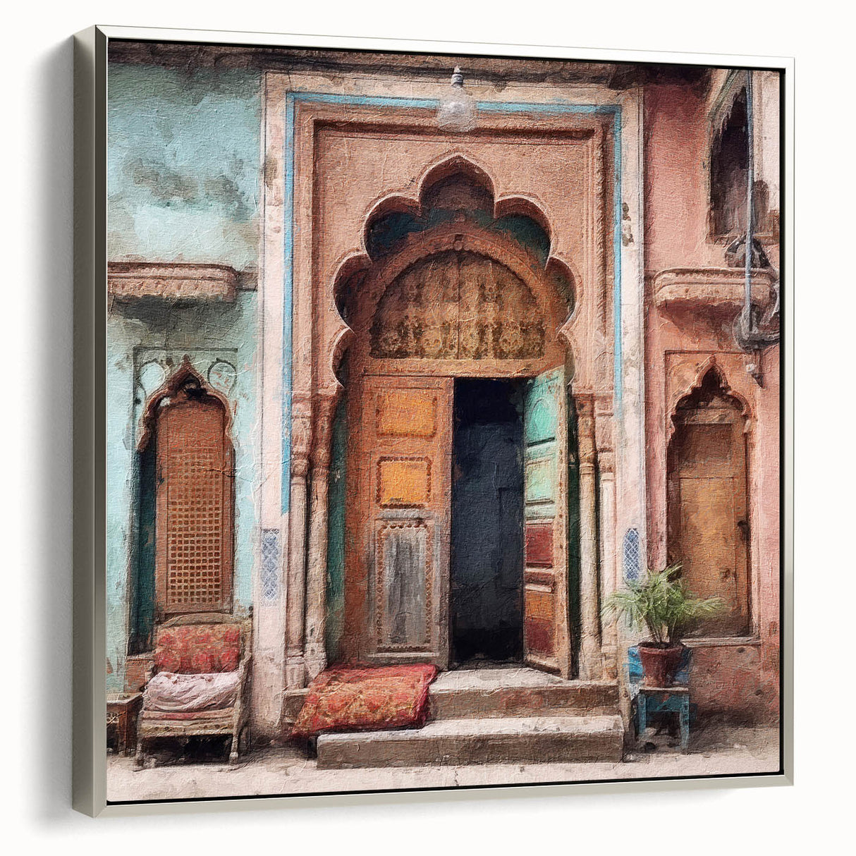 Framed canvas featuring a vintage poster of an Indian door in black with colorful art accents.