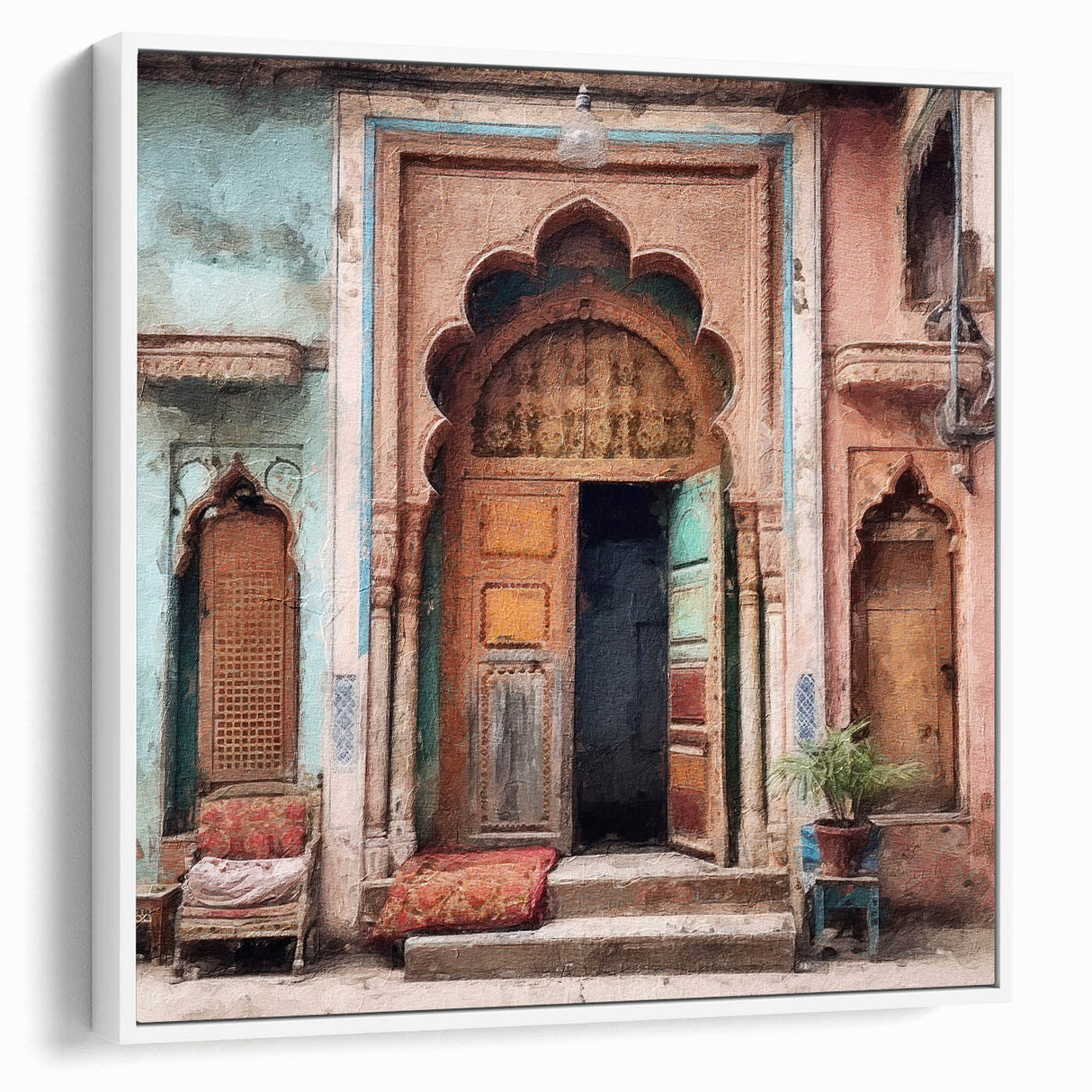 Framed canvas of a vintage poster featuring a colorful Indian door, ideal for living room decor.