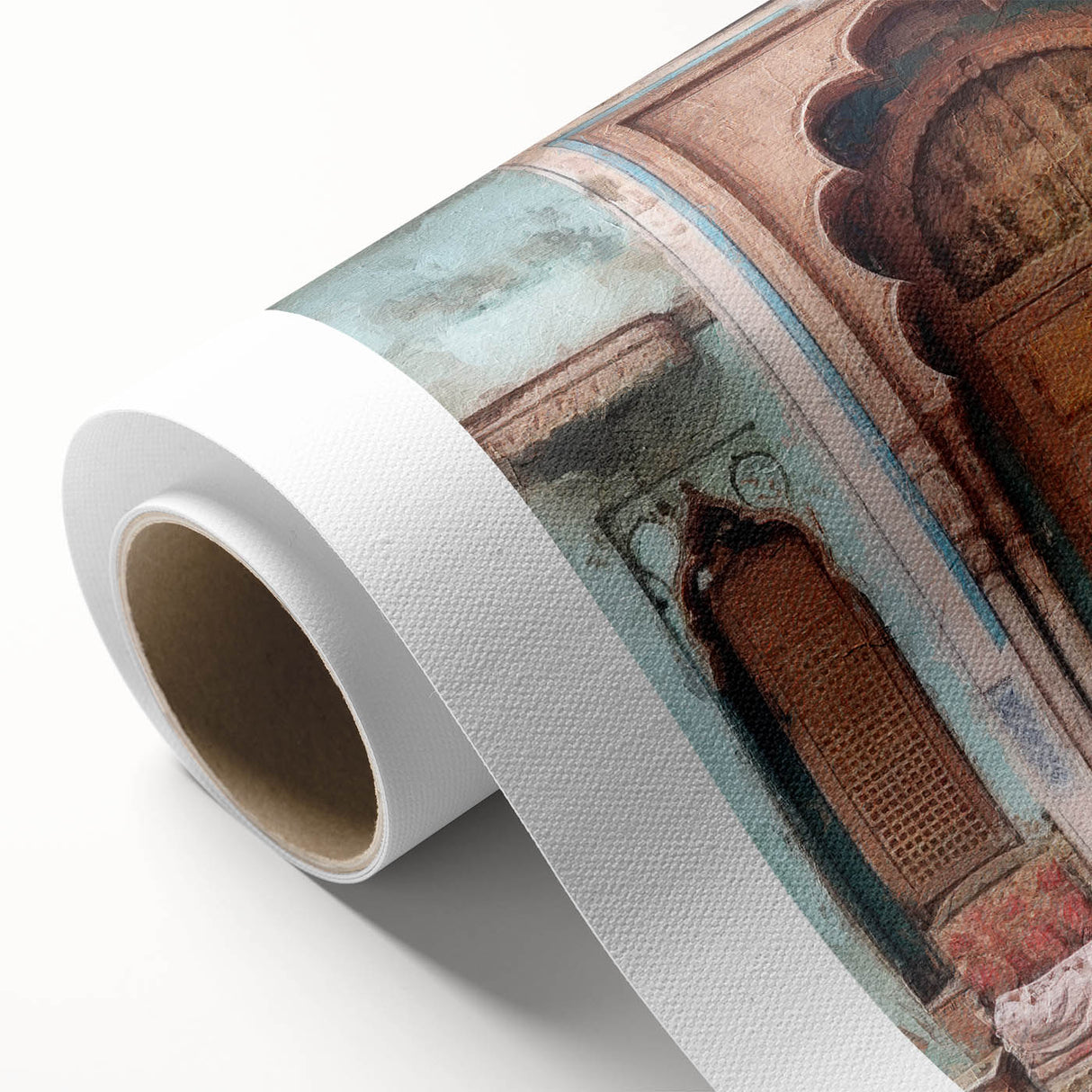 Art Deco style poster of an ornate Indian door in muted earth tones on rolled canvas, ideal for nursery wall art.