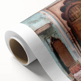 Art Deco style poster of an ornate Indian door in muted earth tones on rolled canvas, ideal for nursery wall art.
