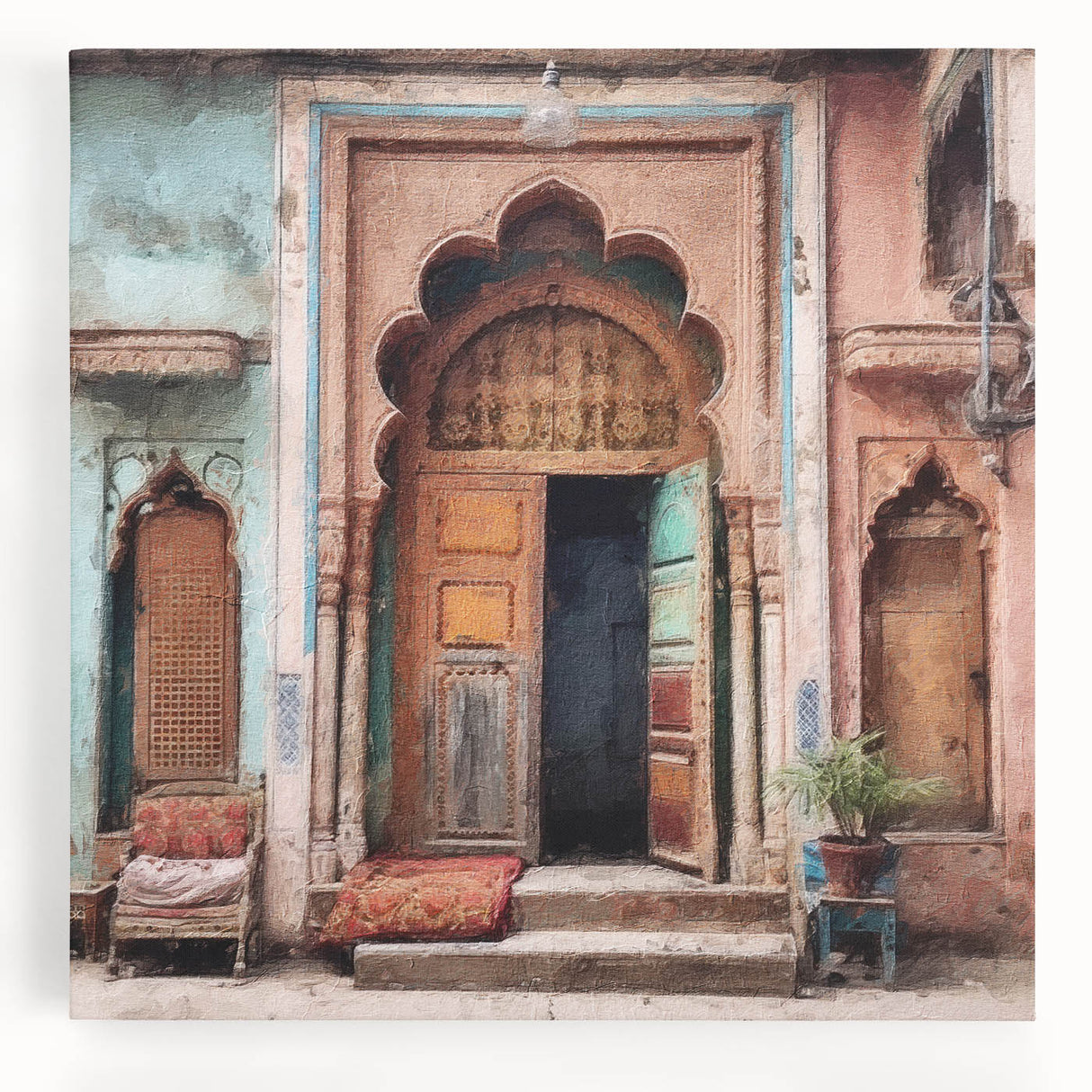 Black and white photograph of an intricate Indian door design on a large stretched canvas, ideal for kitchen wall art.