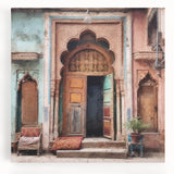 Black and white photograph of an intricate Indian door design on a large stretched canvas, ideal for kitchen wall art.