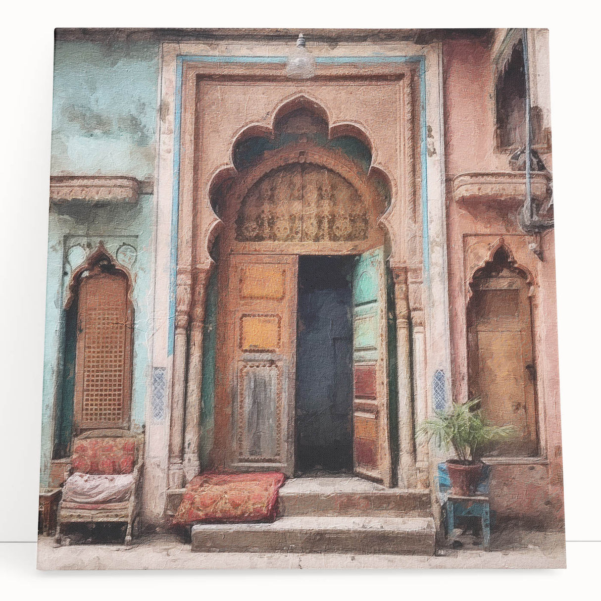 Black and white photo of an ornate Indian door on stretched canvas, suitable as kitchen wall art or bedroom decor.