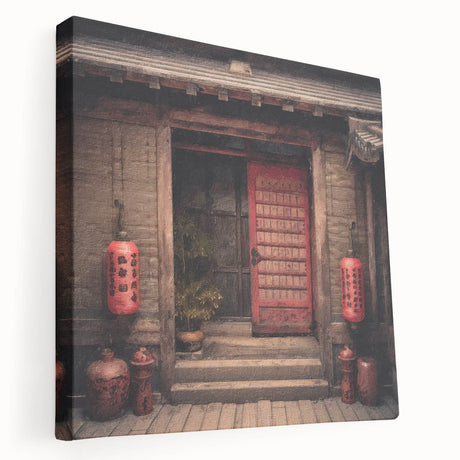 Japanese architecture door design in muted earth tones on stretched canvas, suitable for kitchen wall art.