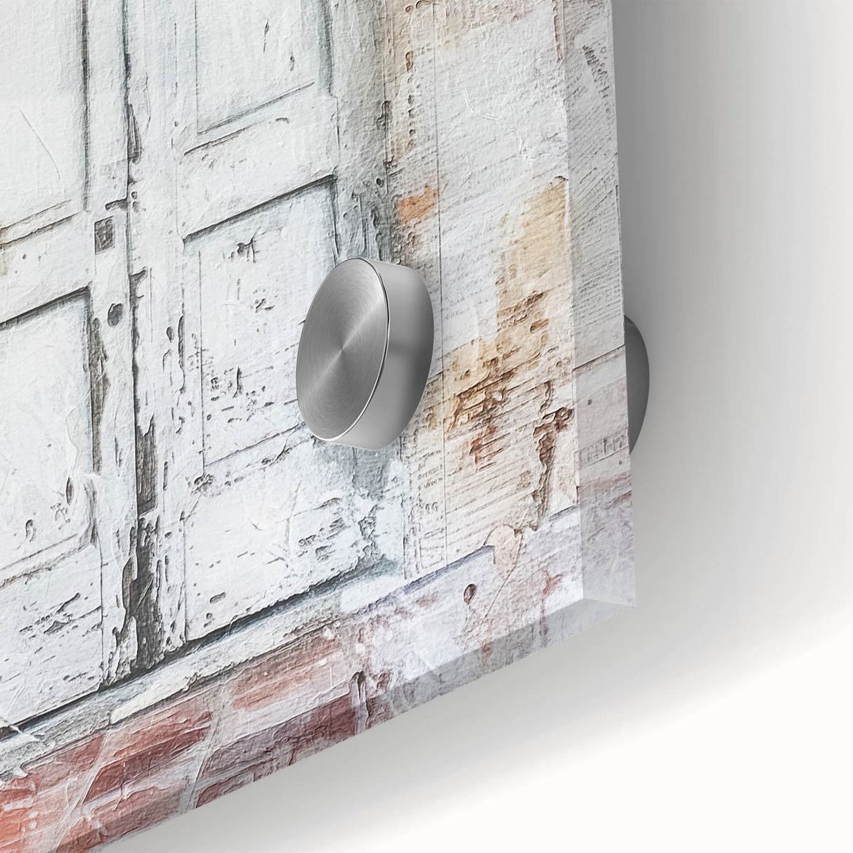 Close-up of a rustic Italian door in muted earth tones on acrylic glass, ideal for dining room art.