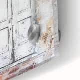 Close-up of a rustic Italian door in muted earth tones on acrylic glass, ideal for dining room art.