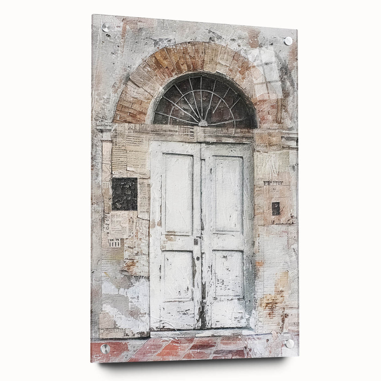 Acrylic print of a rustic Italian door in earthy tones, suitable for dining room decor.