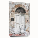 Acrylic print of a rustic Italian door in muted earth tones, suitable for bedroom or dining room decor.