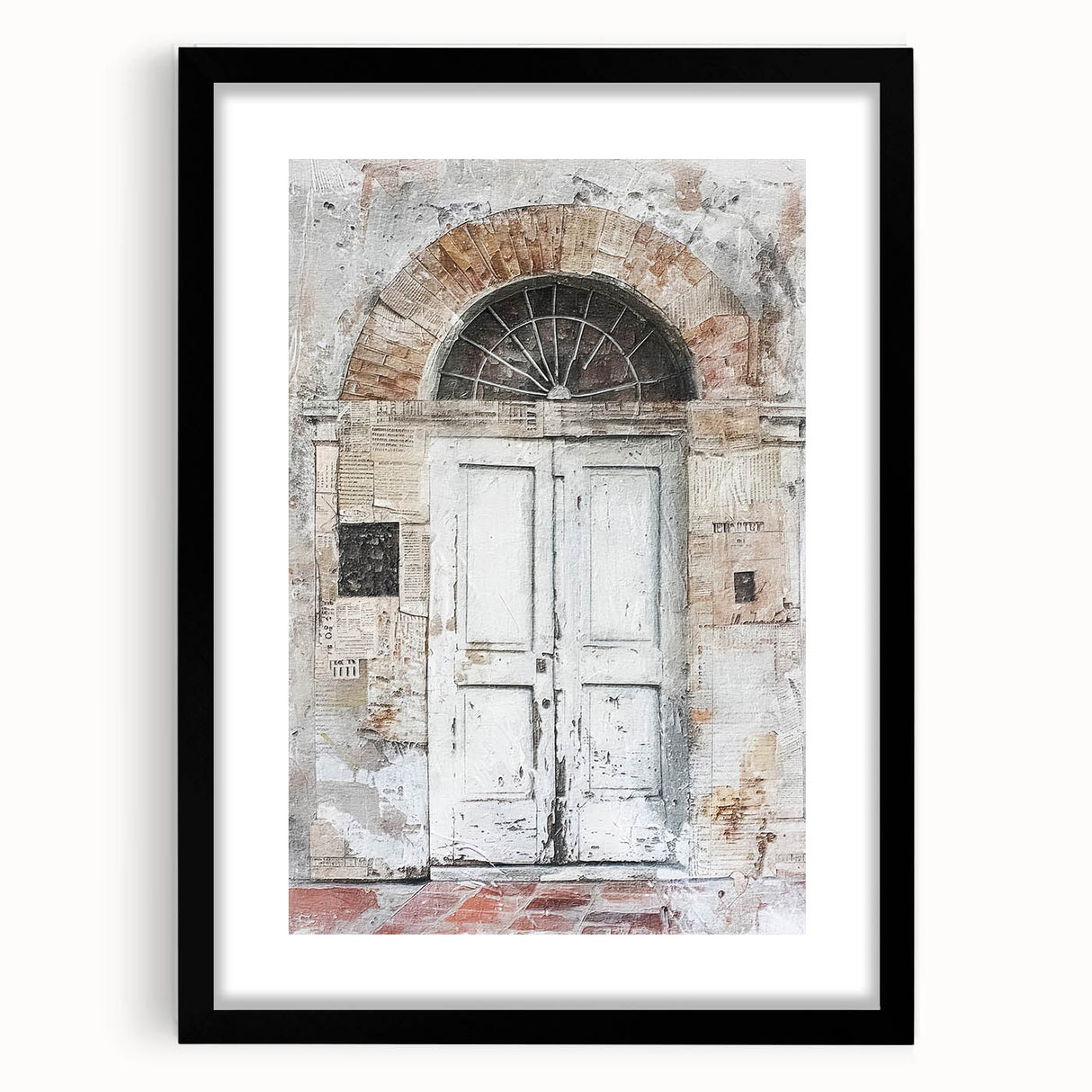 Extra large framed print of a rustic Italian door in vibrant, textured colors, ideal for living room decor.