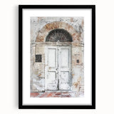 Extra large framed print of a rustic Italian door in vibrant, textured colors, ideal for living room decor.
