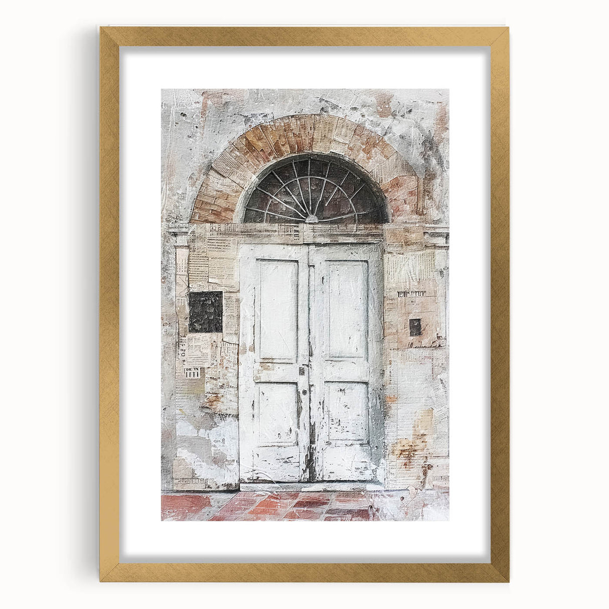 Extra large framed wall art depicting a rustic Italian door in textured earth tones, ideal for living room decor.