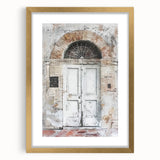 Extra large framed wall art depicting a rustic Italian door in textured earth tones, ideal for living room decor.