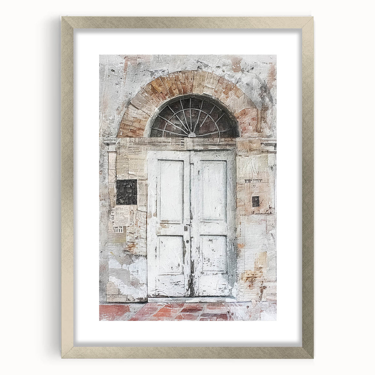 Textured art print of a rustic Italian door, in muted earth tones, framed with a silver mat, suitable for bedroom decor.