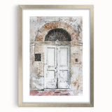 Textured art print of a rustic Italian door, in muted earth tones, framed with a silver mat, suitable for bedroom decor.