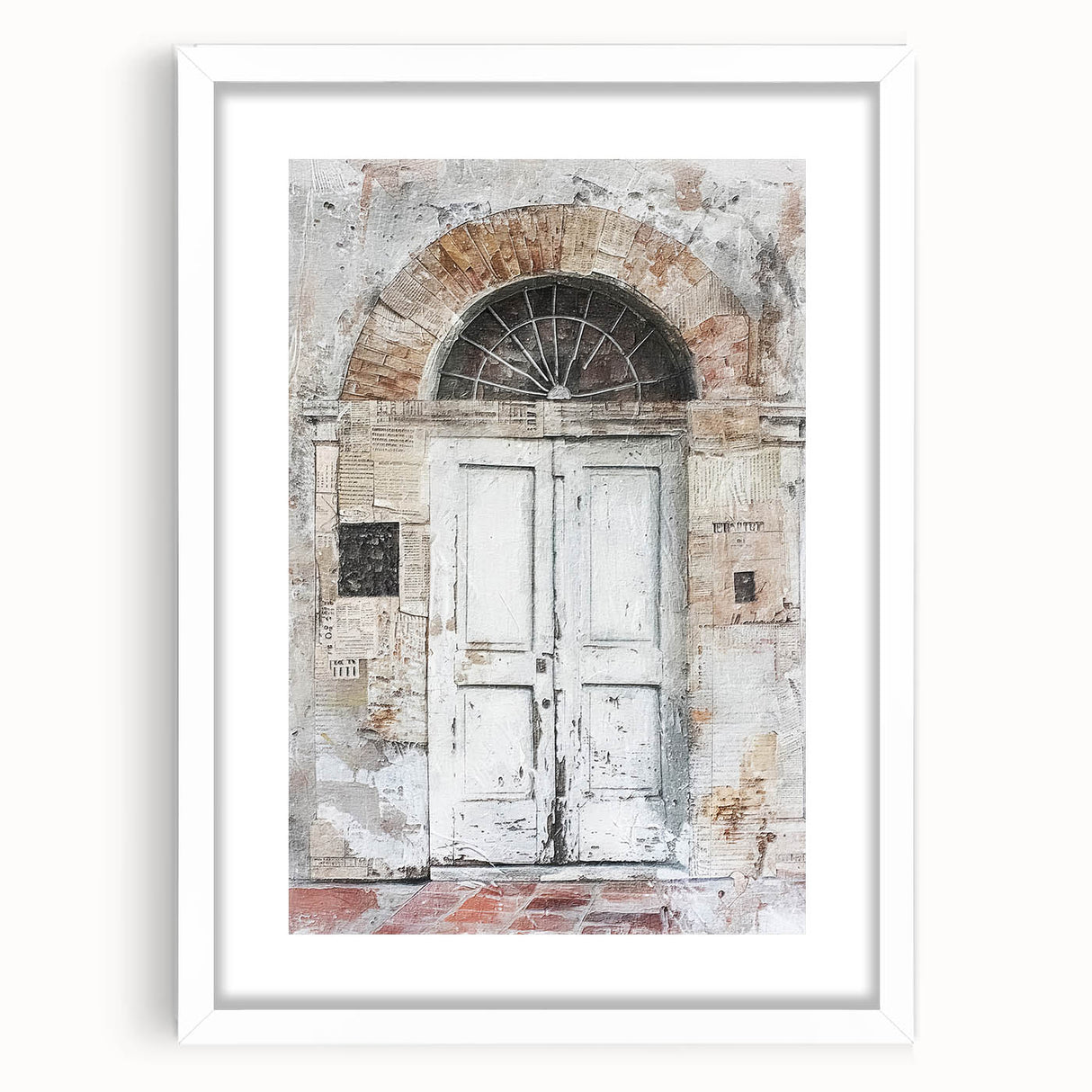 Abstract art print of a rustic Italian door in muted earth tones, framed with a white mat, suitable for dining room decor.