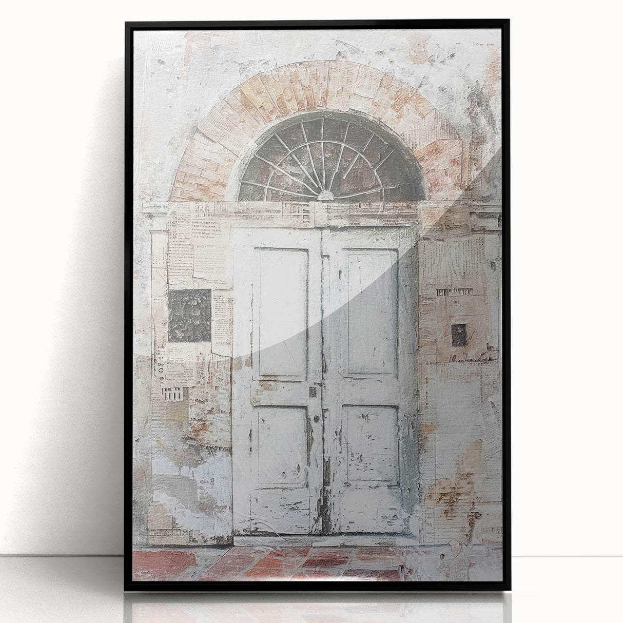 Large abstract wall art featuring a rustic Italian door, in a black acrylic frame, suitable for modern decor.