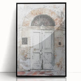 Large abstract wall art featuring a rustic Italian door, in a black acrylic frame, suitable for modern decor.
