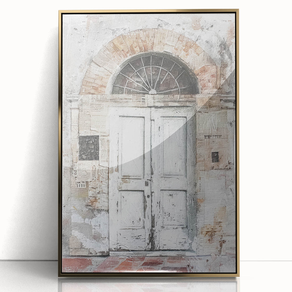Framed acrylic print of a rustic Italian door in earthy tones, ideal for modern art wall decor.