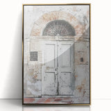 Framed acrylic print of a rustic Italian door in earthy tones, ideal for modern art wall decor.