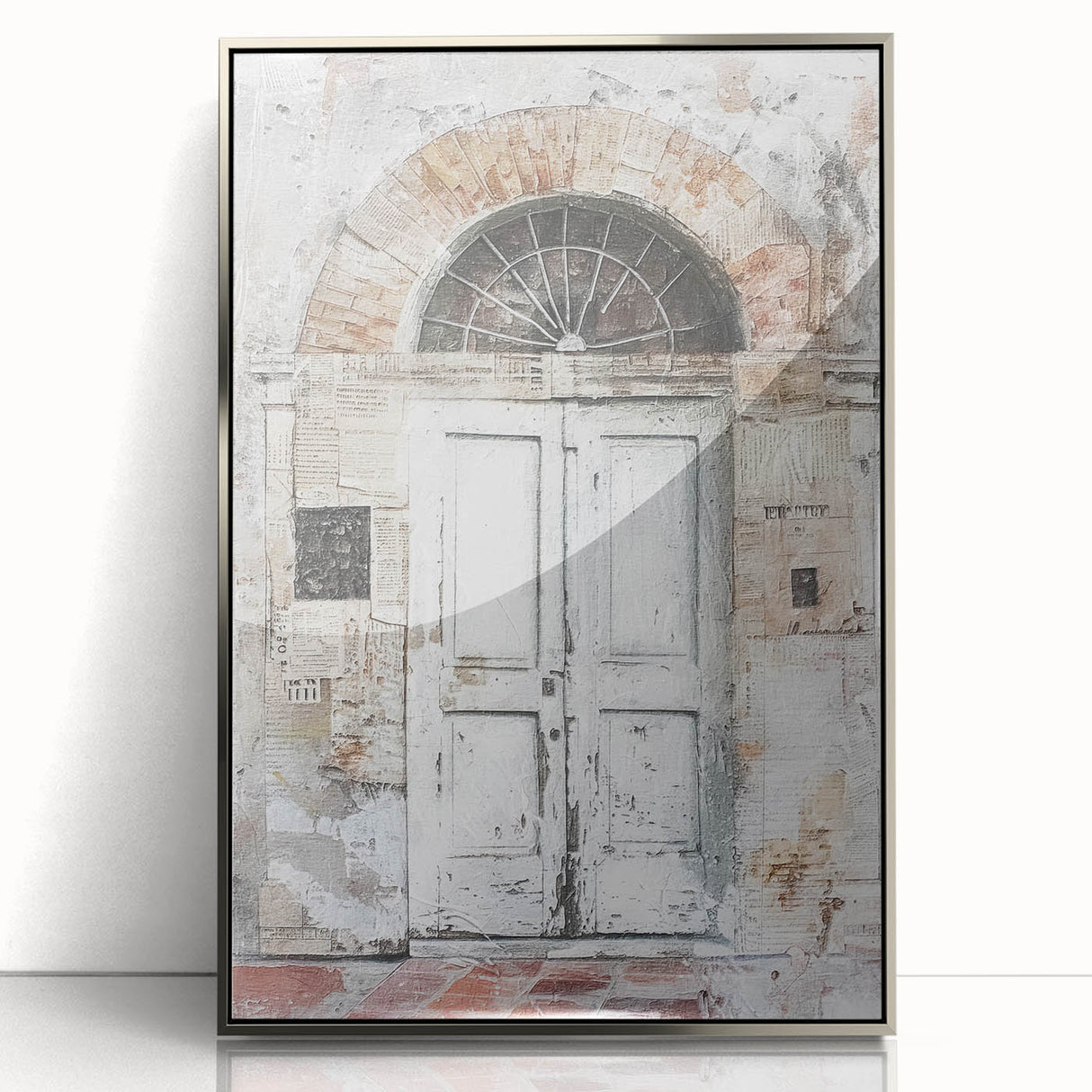 Mid-century modernist acrylic print of a rustic Italian door in muted earth tones, ideal for modern art wall decor.