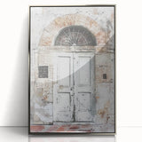 Mid-century modernist acrylic print of a rustic Italian door in muted earth tones, ideal for modern art wall decor.