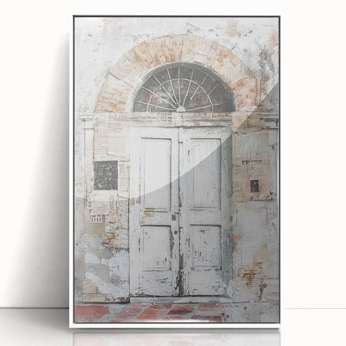 Art Deco poster of a rustic Italian door, framed acrylic in white, ideal for modern art wall decor.