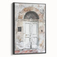 Black and white framed canvas of a rustic Italian door, ideal for bedroom wall art.