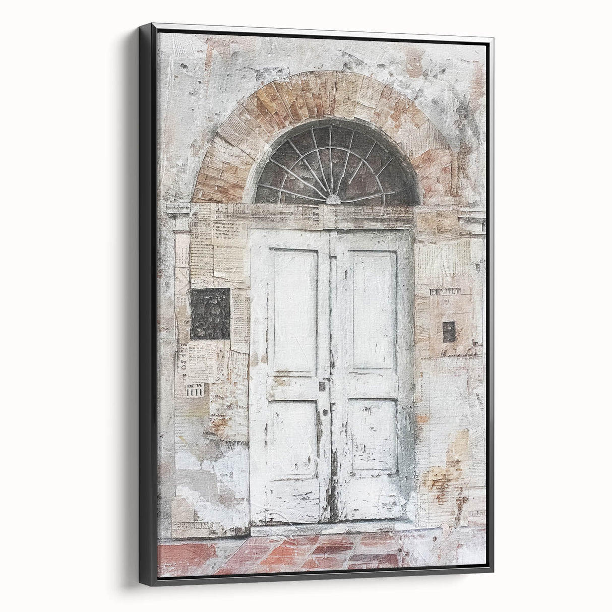 Black and white framed canvas of a rustic Italian door, ideal for bedroom wall art.
