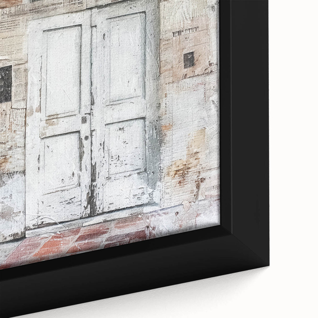 Close-up of a rustic Italian door depicted in textured black wall art on a framed canvas, ideal for living room decor.